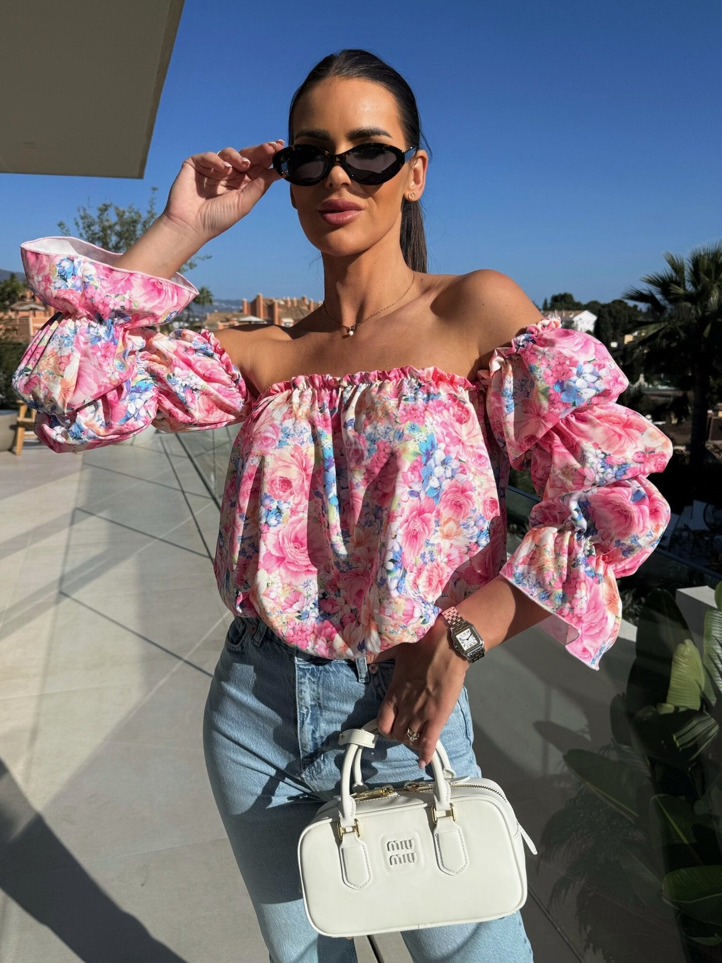 Women's Spring Puff Sleeve Floral Sexy Waist Trimming Blouses