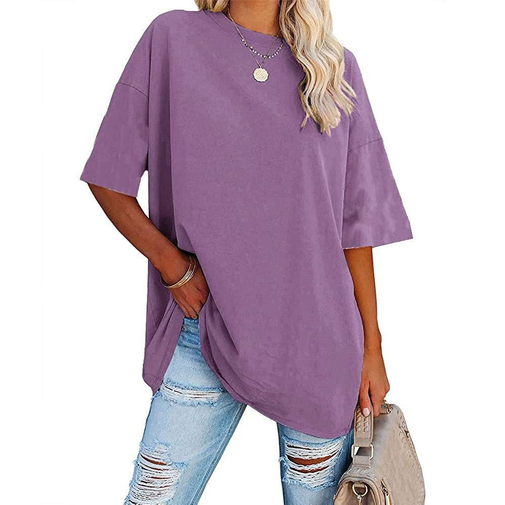 Women's Color Loose Half Sleeve Round Neck Blouses