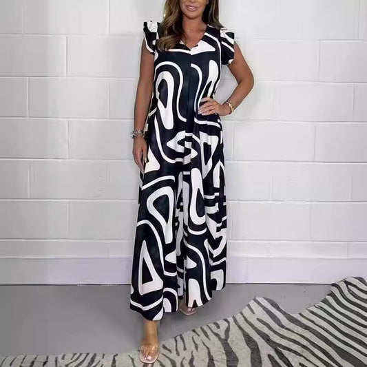 Women's Summer Ruffle Sleeve Trousers Printed Casual Jumpsuits