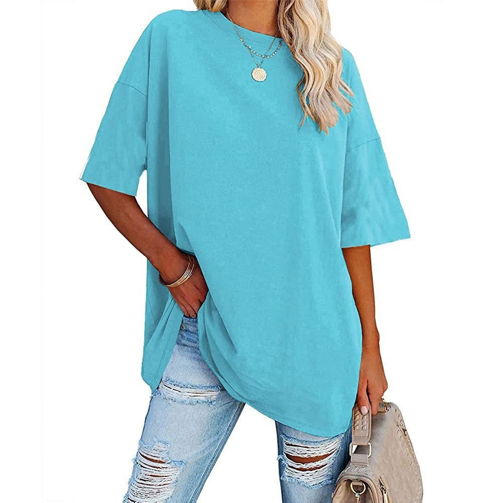 Women's Color Loose Half Sleeve Round Neck Blouses
