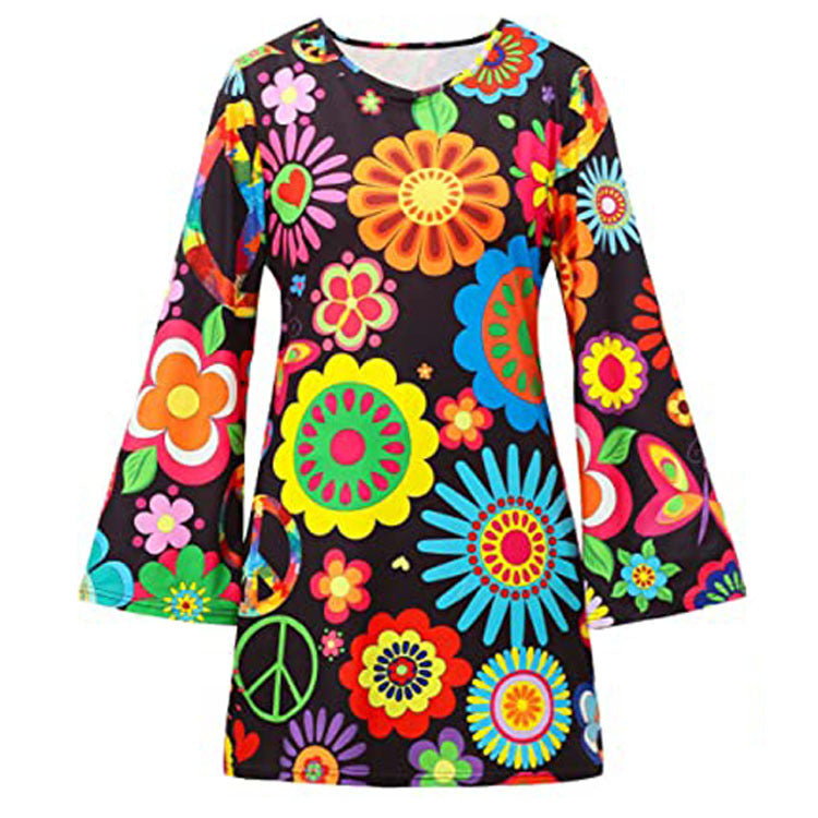 Halloween Generation Hippie Disco Festival Dress Headscarf Print Dresses