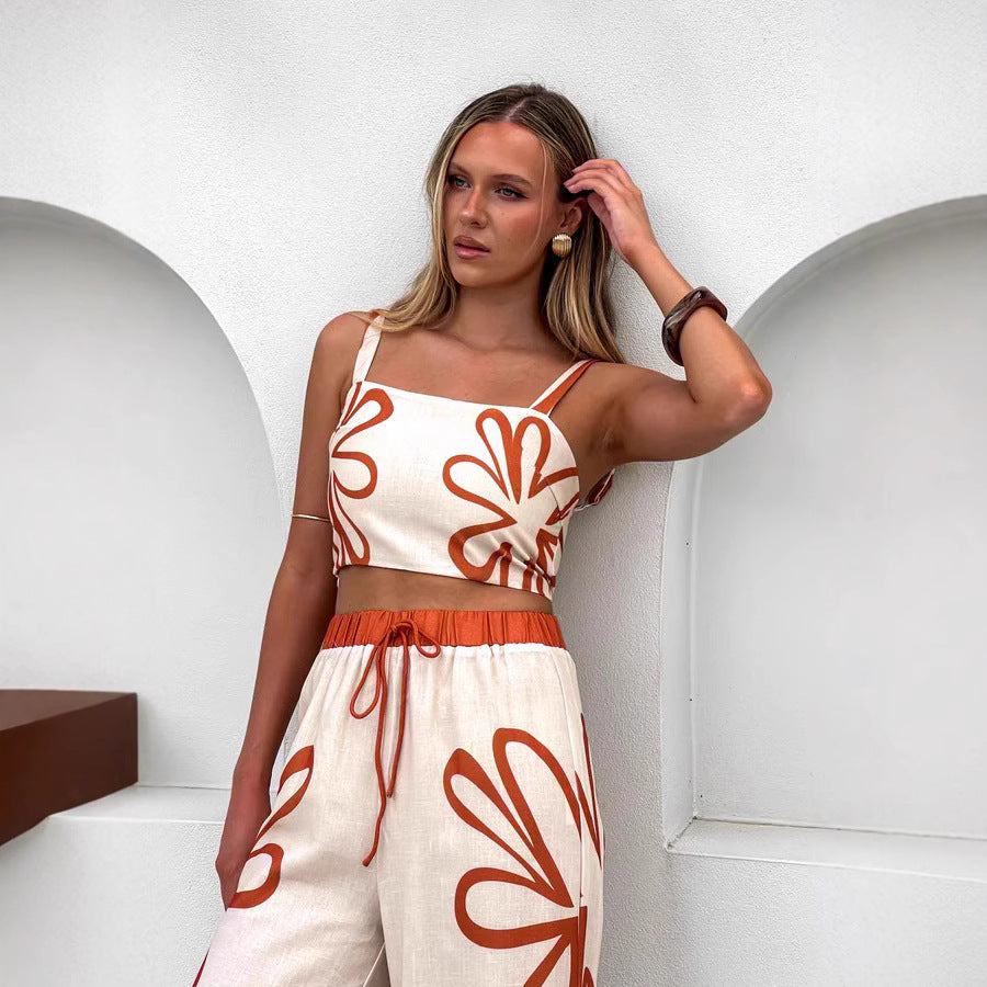 Women's Summer Fashion Flower Sling Wide Leg Suits