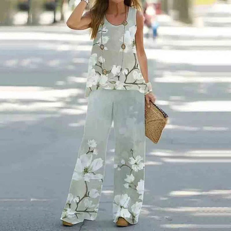 Women's Color Printed Casual Sleeveless T-shirt Trousers Suits