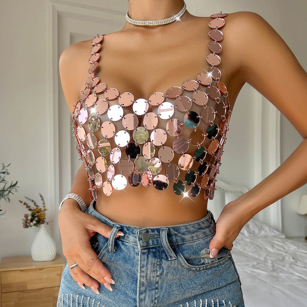 Beach Sexy Nightclub Handmade Acrylic Stitching Tops