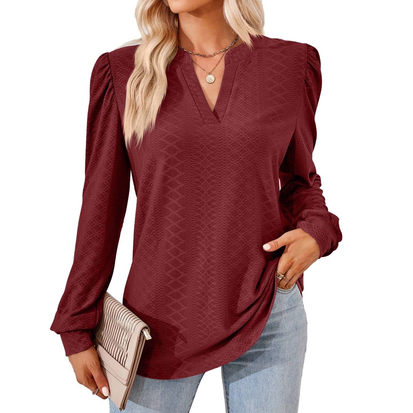 Women's Solid Color Jacquard Long Sleeve Loose-fitting Blouses