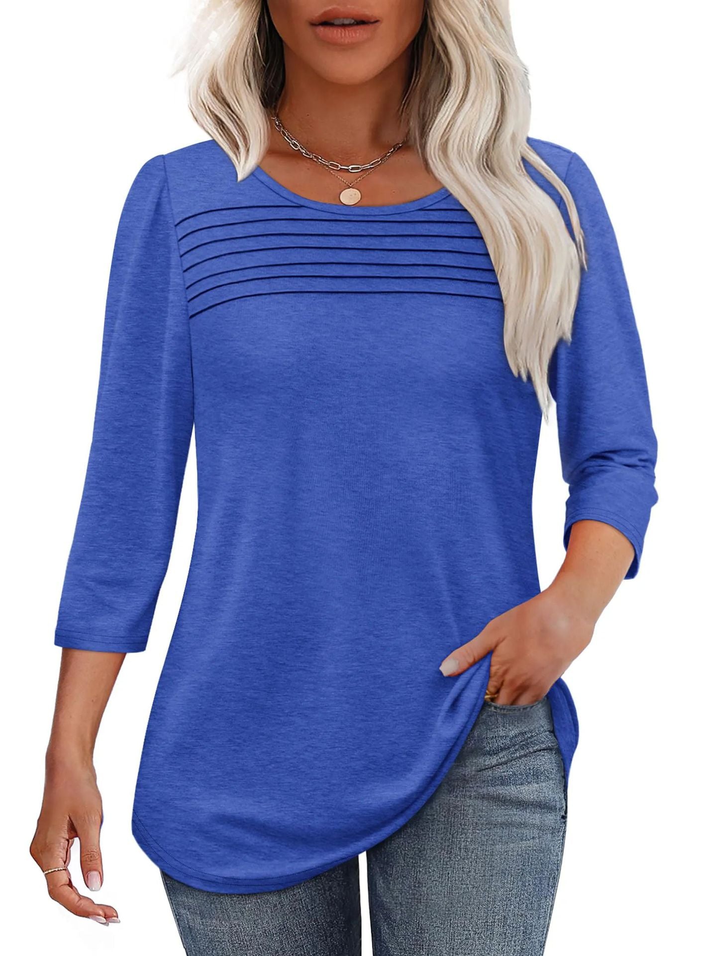 Women's Round Neck Sleeves Chest Tuck Line Blouses