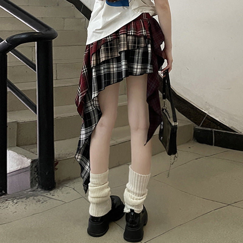 Women's Style Niche Design Stitching Plaid Irregular Contrast Color Skirts