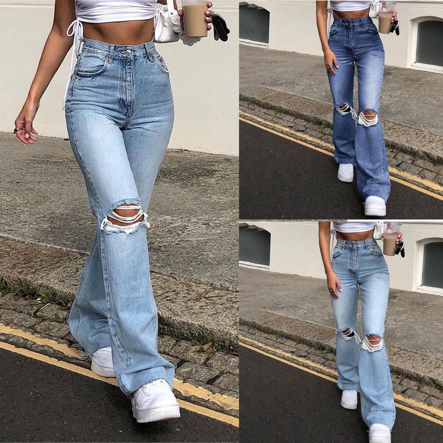 Waist Retro Stretch Slim Knee Hole Jeans
