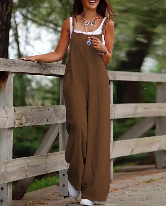 Women's Fashion Casual Pocket Cotton Linen Sling Jumpsuits