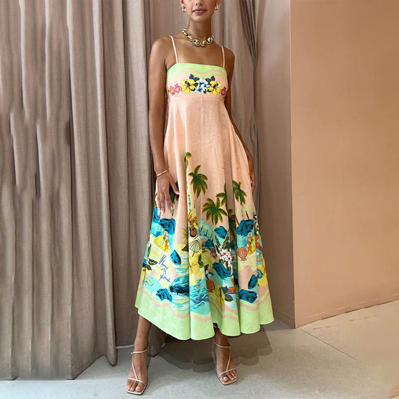 Women's High Waist Print Painted Large Swing Dresses