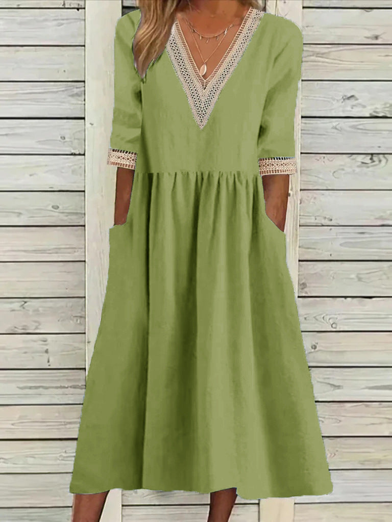 Women's Loose Cotton Linen Lace Collar Half Dresses