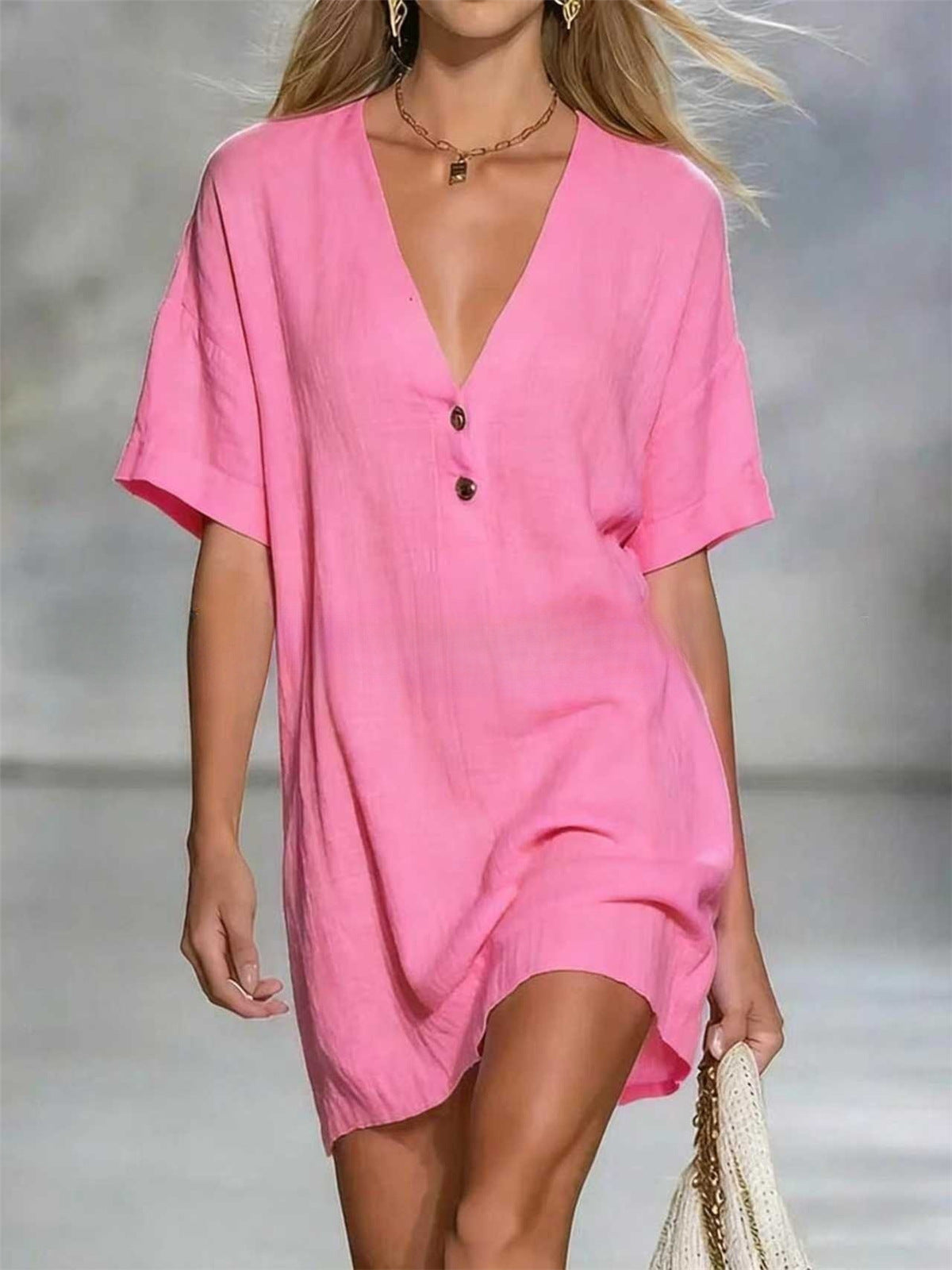 Women's Fashion Sleeve Solid Color Casual Button Dress