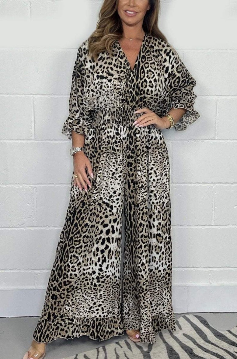 Women's Fashion Leopard Print Casual Wide Leg Jumpsuits