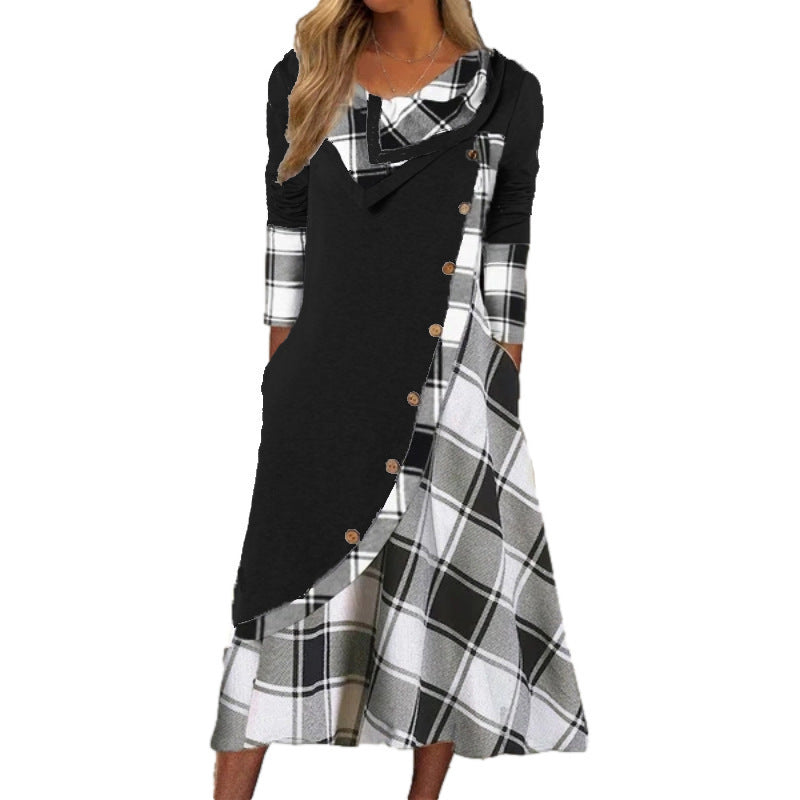 Women's Plaid Stitching With Pocket Pile Collar Dresses