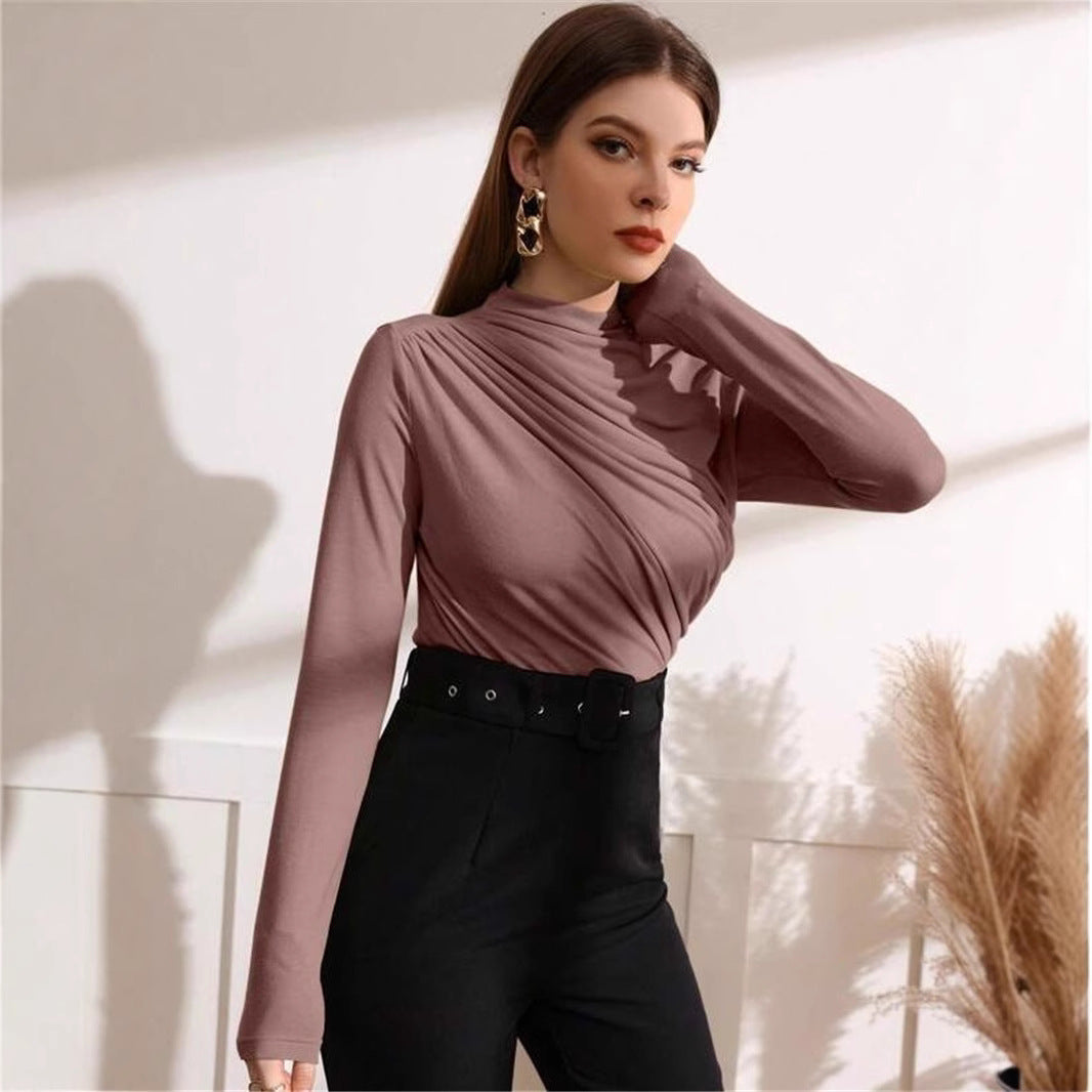 Small Turtleneck Design Pleating Versatile Long-sleeved Tops