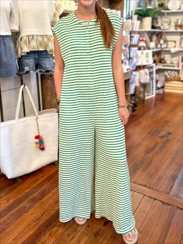 Women's Simple Loose Striped Sleeveless Wide Leg Jumpsuits