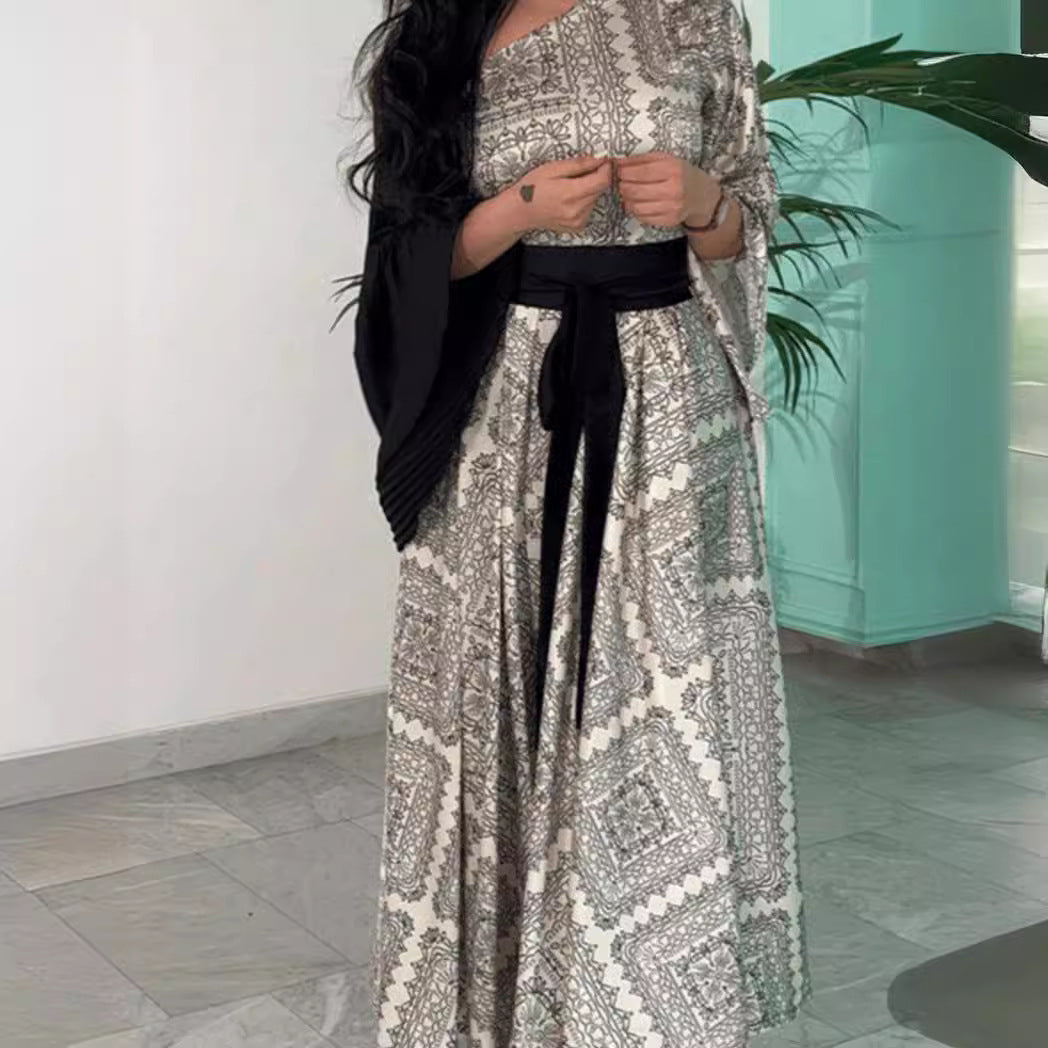 Women's Sexy Print Pleated Belt Stitching Prom Evening Dresses