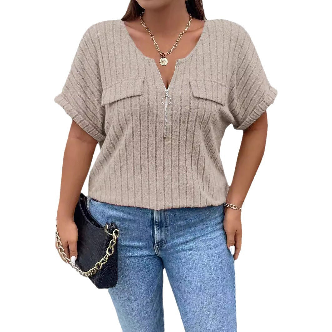 Women's Color Clothes Zipper Sleeve Faux Pocket Blouses