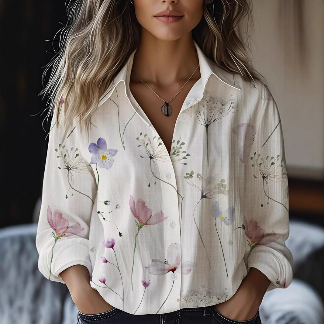 Printed Long-sleeved Shirt Imitation Cotton Linen Blouses