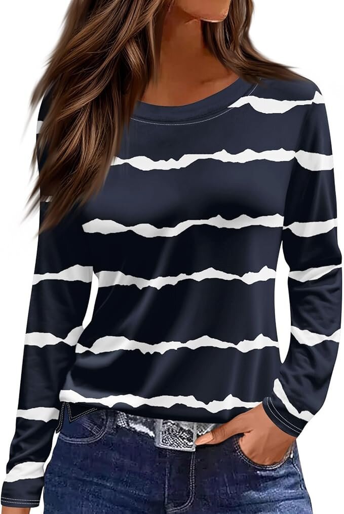 Women's Round Neck Printed Solid Color Long Blouses