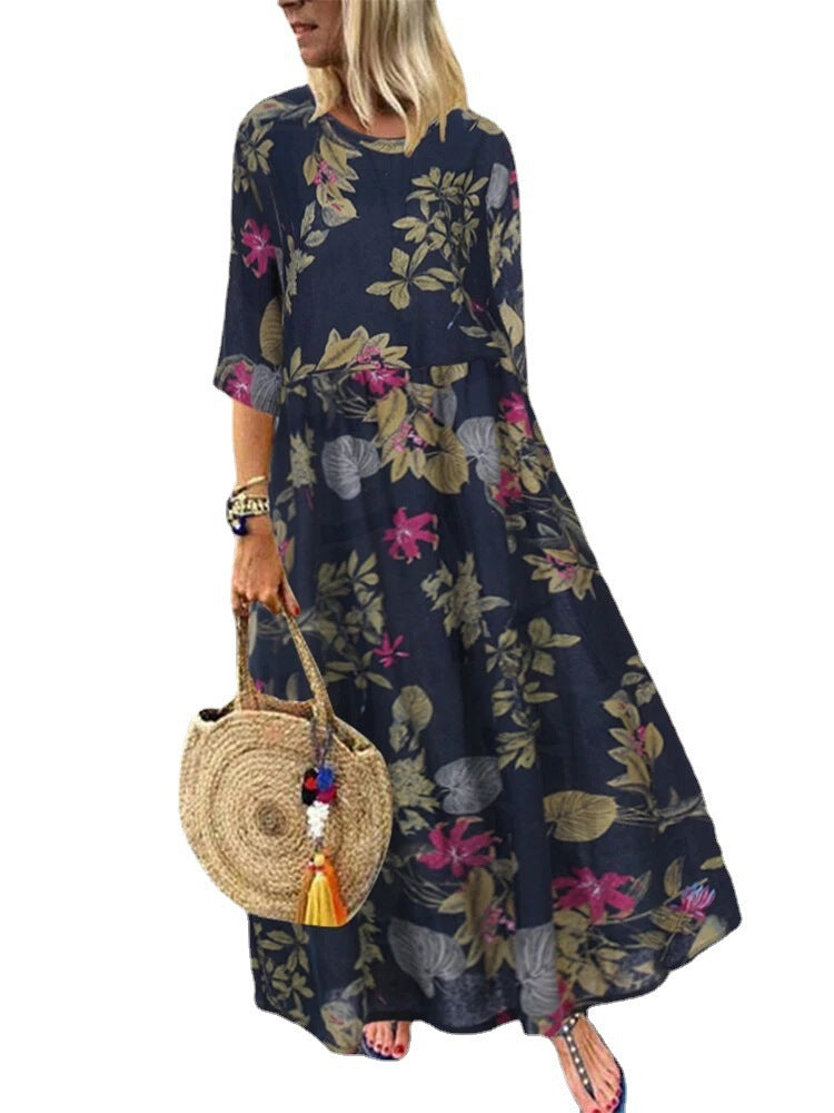 Women's Long Retro Bohemian Pleated Sleeve Waist Dresses