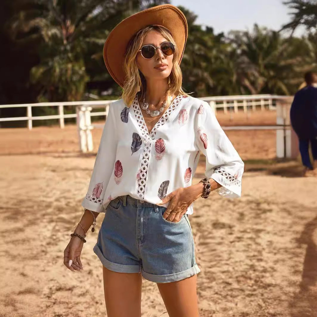 Women's Summer Shirt Fashion Lace Stitching Sleeve Blouses