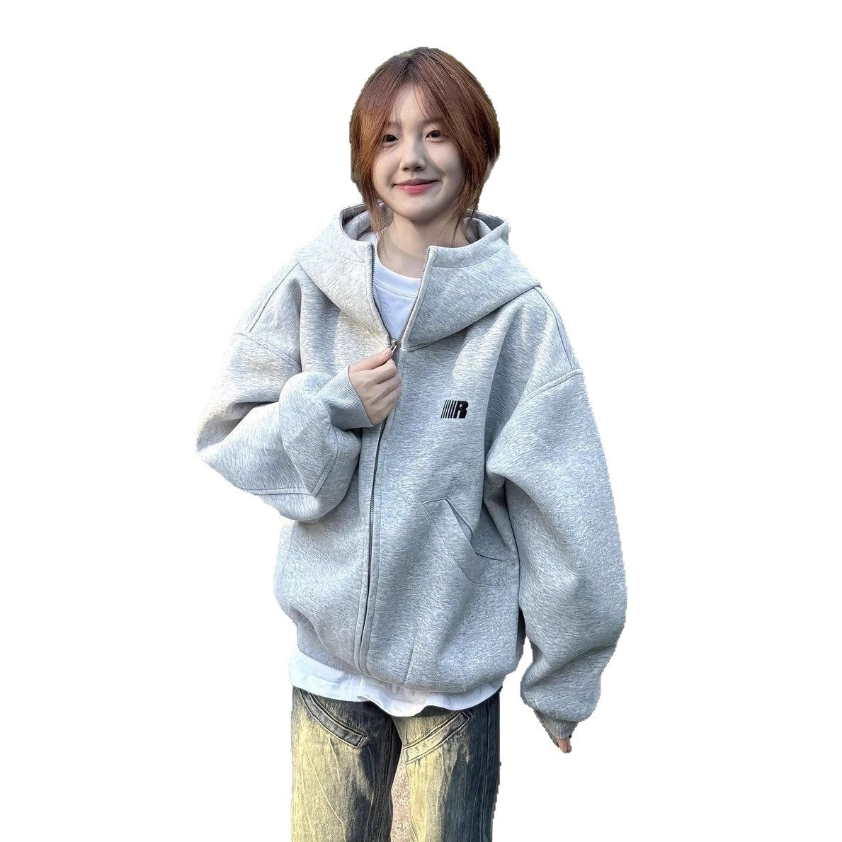 Women's Korean Style Zipper Outerwear Simple Lazy Hooded Sweaters