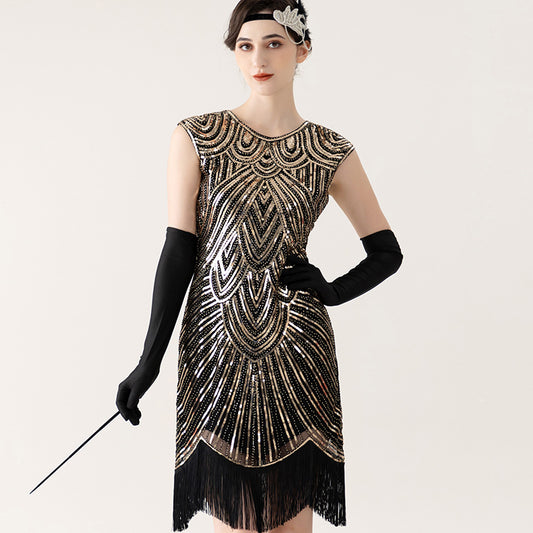 Vintage Sequined Tassel Dress Party Dance Evening Dresses