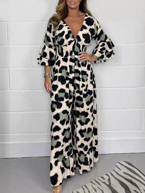 Women's Fashion Leopard Print Printed Casual Elastic Jumpsuits