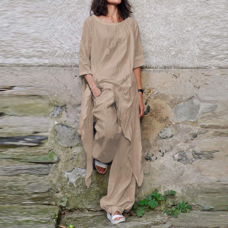 Irregular Hem Round Collar Cotton Linen Suits