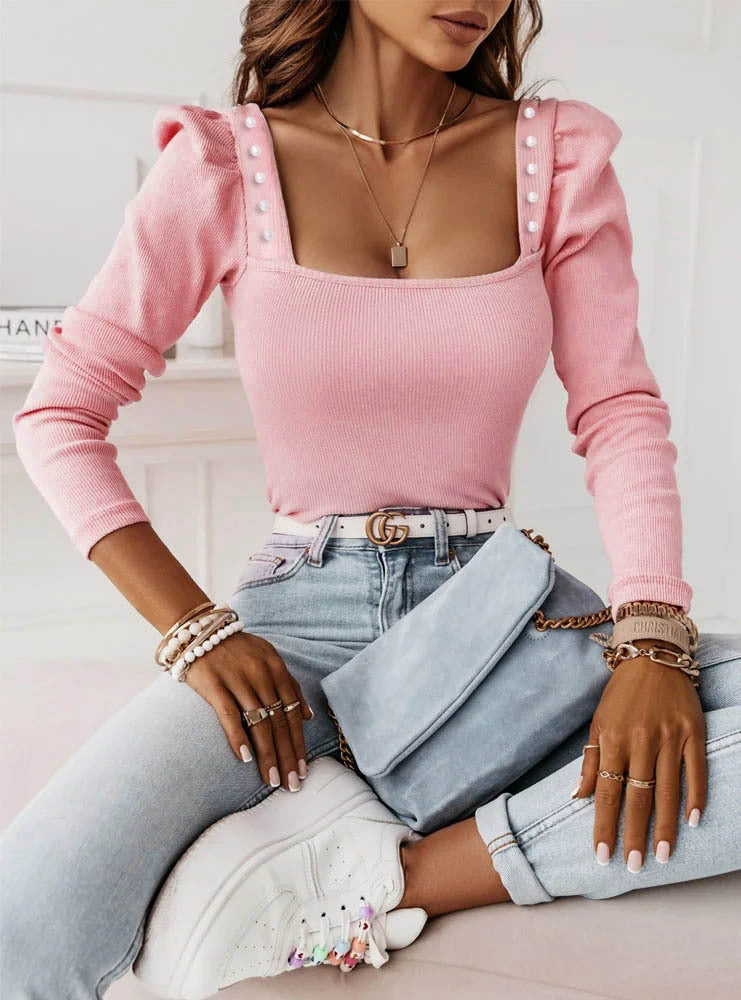 Solid Color Beaded Long Sleeve Sunken Blouses