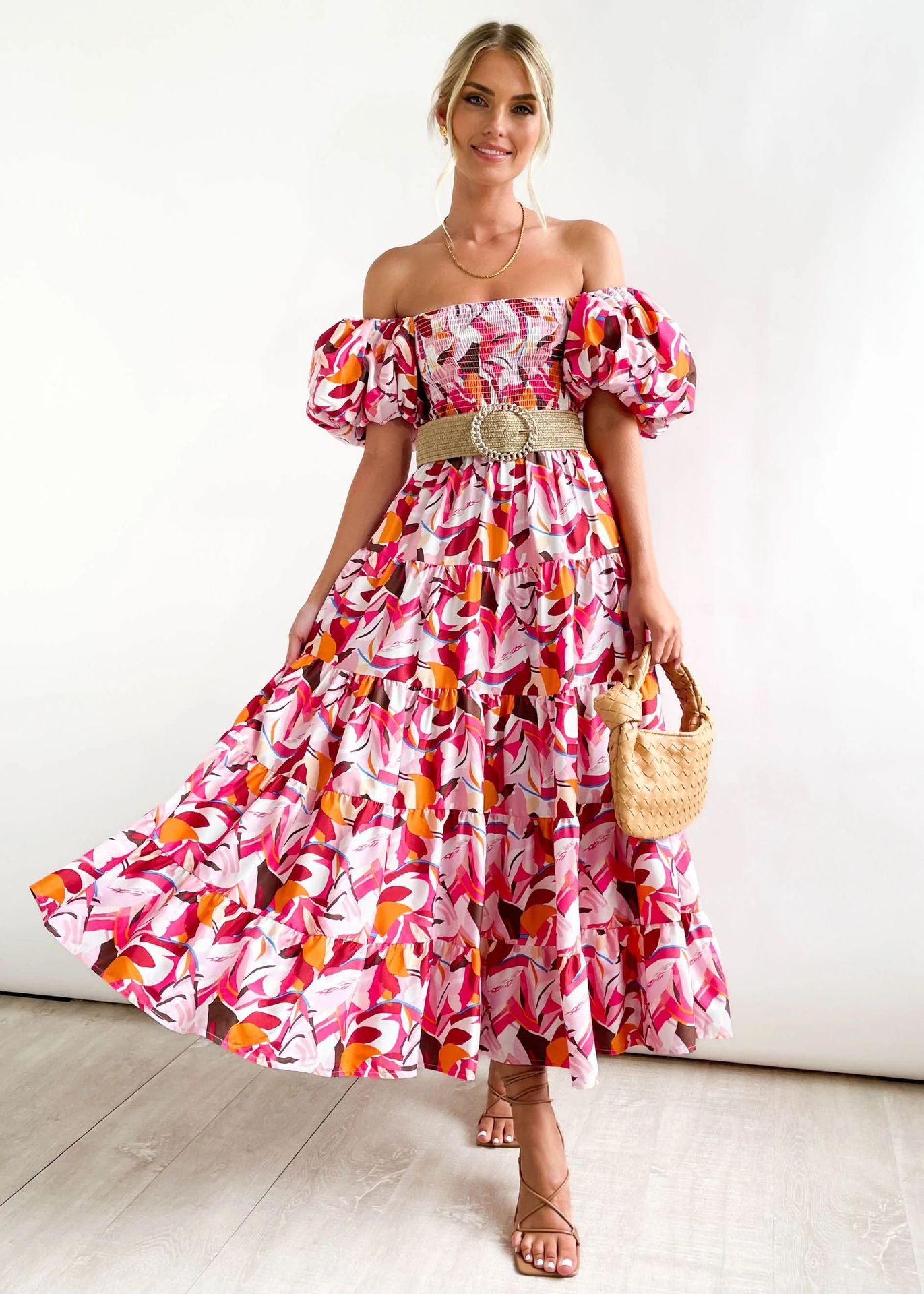 Women's Summer Puff Sleeve Holiday Slim Looking Long Dress Hot Dresses