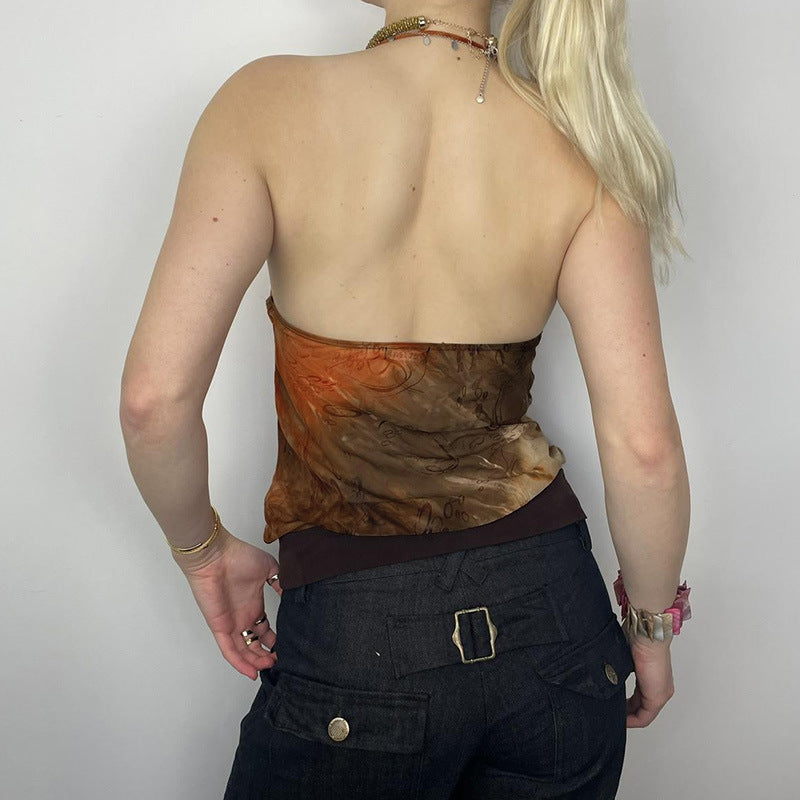 Color Printed Sexy Beaded Halter Backless Hot Tops