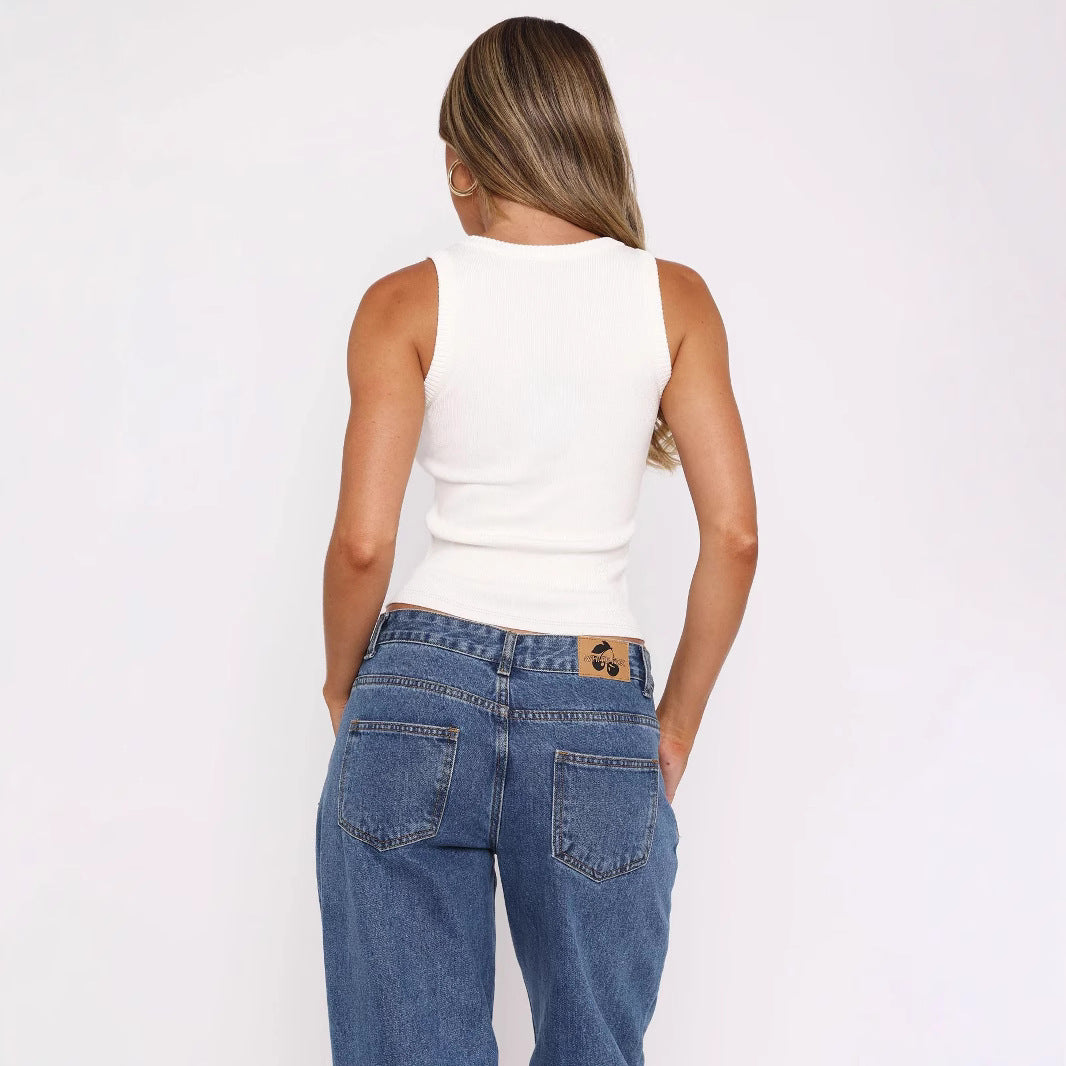 Women's Sleeveless Square Collar Basic Color Tops