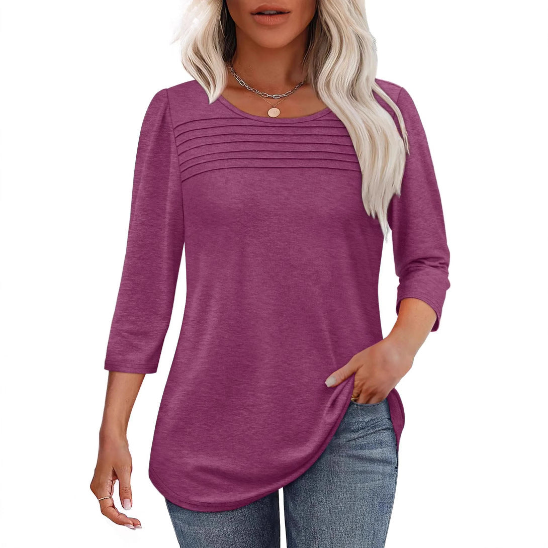Women's Round Neck Sleeves Chest Tuck Line Blouses