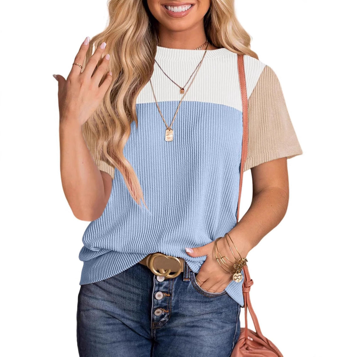 Women's Summer Stitching Stripe Short-sleeved T-shirt Pullover Blouses