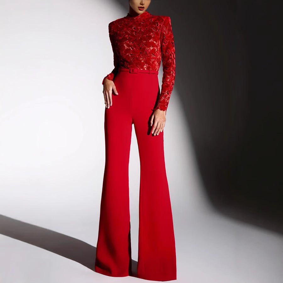 Sleeve Belt One-piece Bell-bottom Casual Loose Jumpsuits