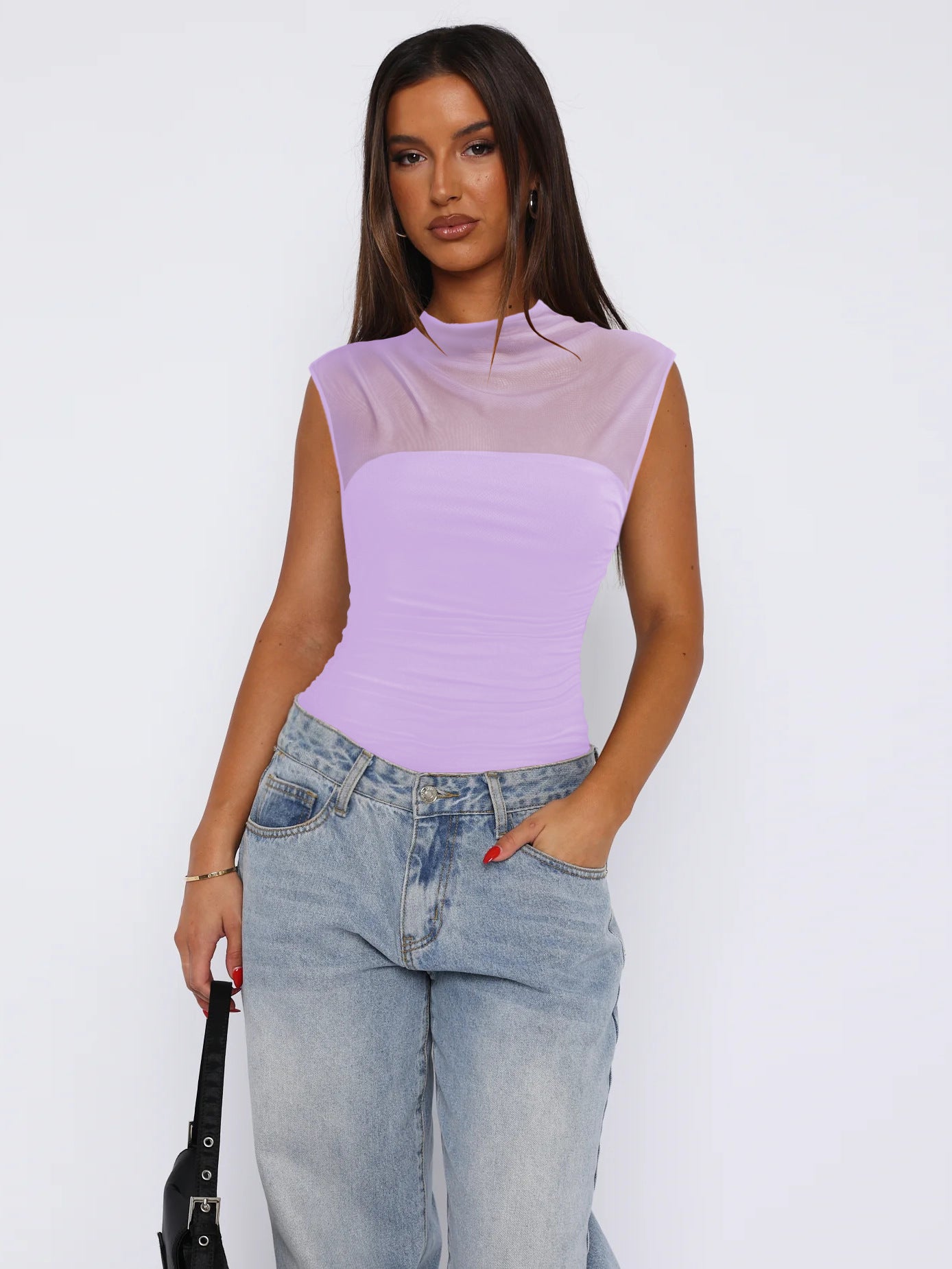 Women's Summer Half Collar Pure Color Mesh Tops