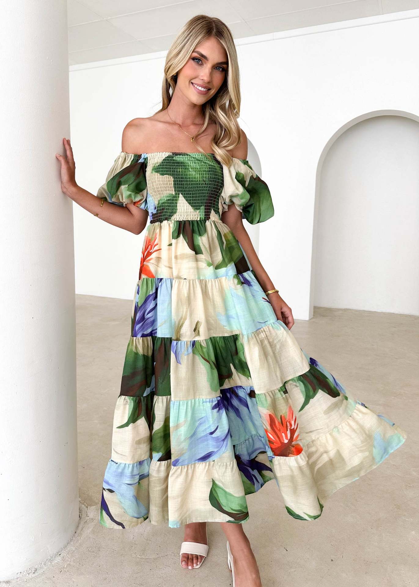 Women's Summer Puff Sleeve Holiday Slim Looking Long Dress Hot Dresses