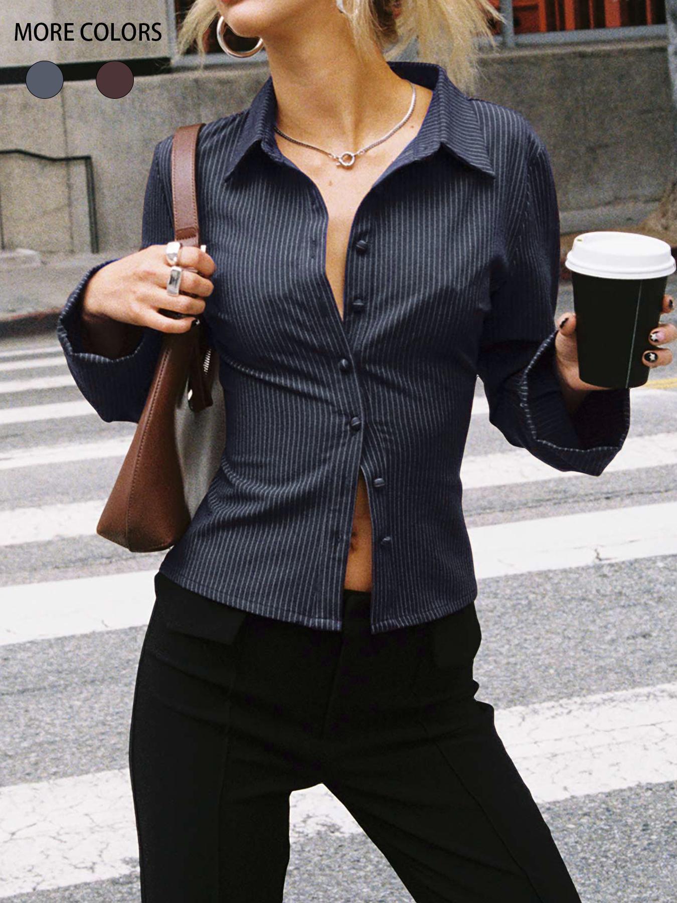Lapel Breasted Long-sleeved Shirt Slim Striped Blouses