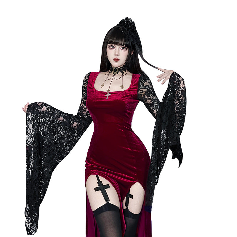 Women's Dark Lace Long-sleeved Slit Dress Sexy Dresses
