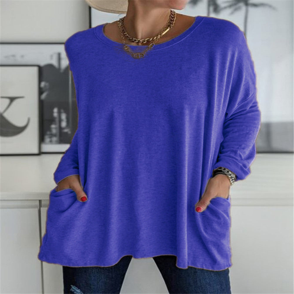 Women's Neck Long Sleeve Loose Pockets Solid Blouses