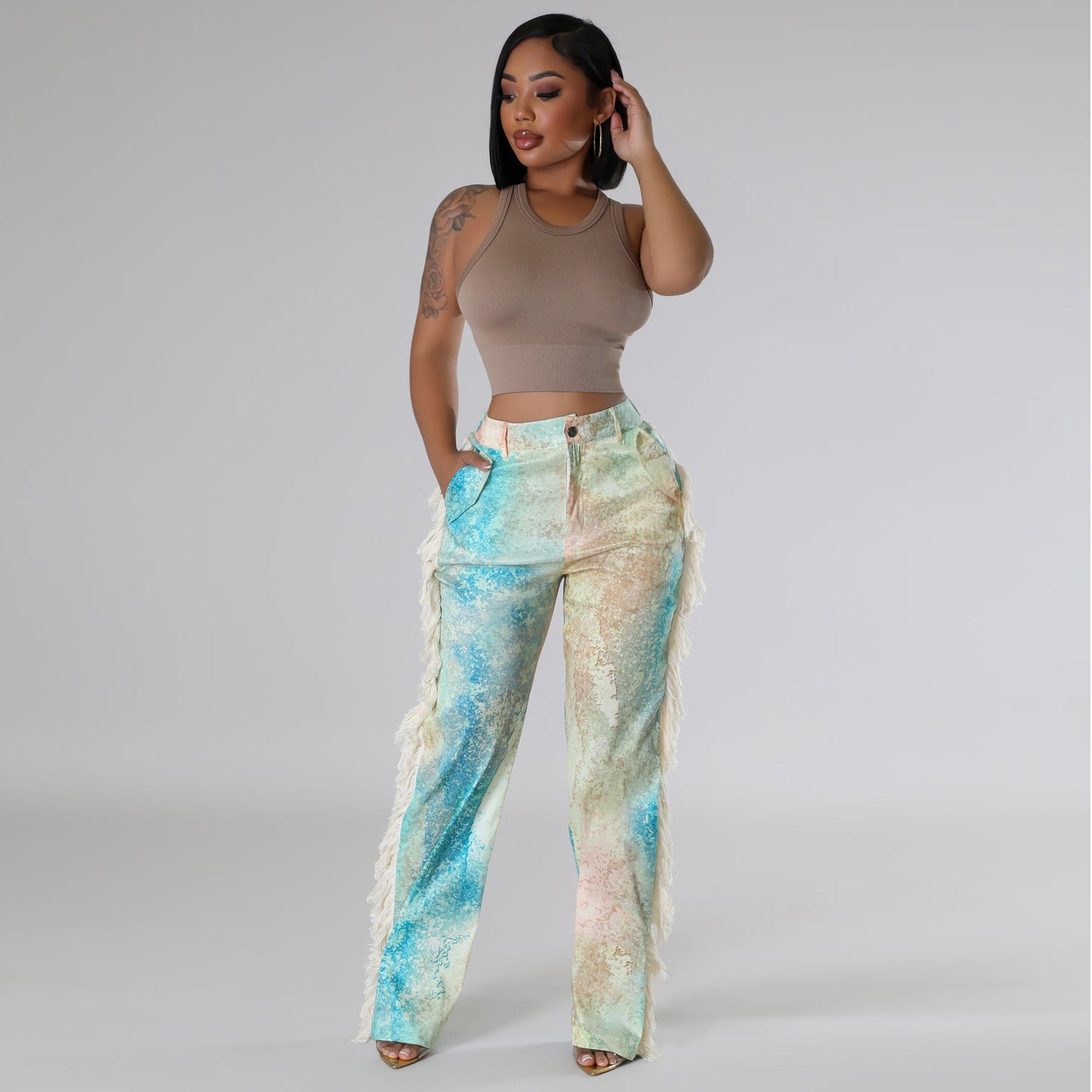 Women's Fashion Printed Tassel Straight Casual Trousers Pants