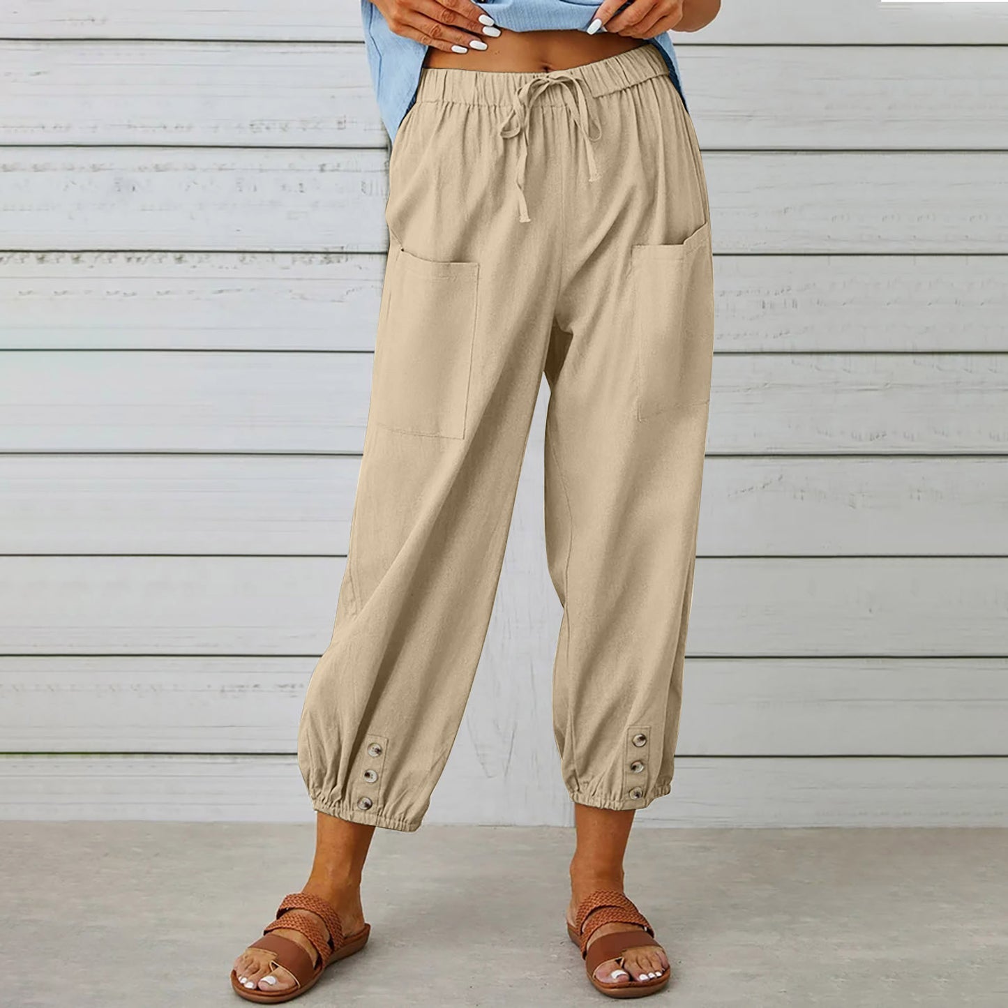 Women's High Waist Button Cotton Linen Trousers Pants