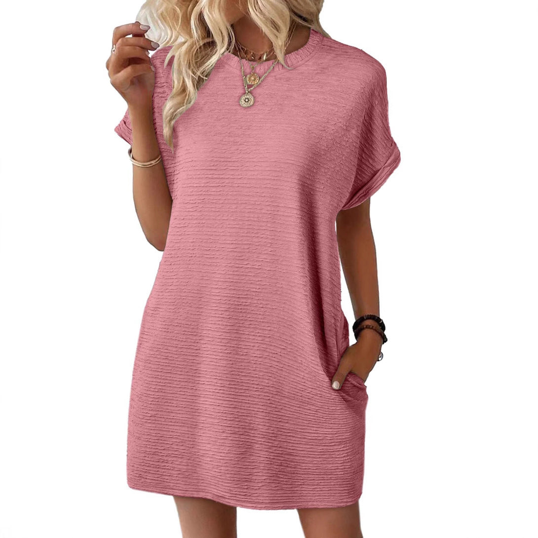 Women's Round Neck Pocket Solid Color Sleeve Shorts