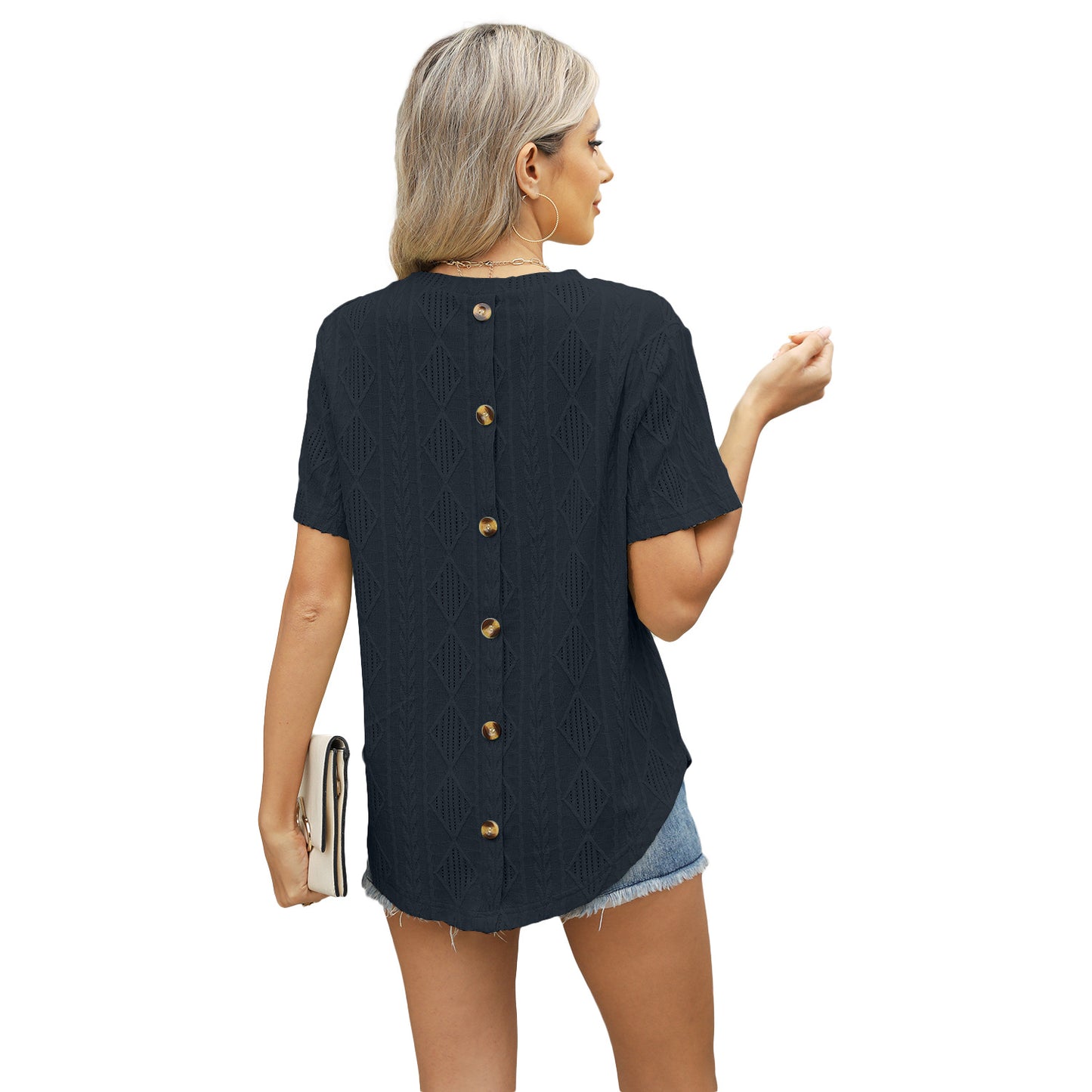 Round Neck Back Buttoned Jacquard Sleeve Shorts