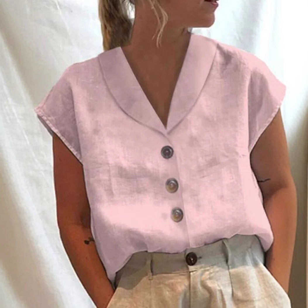 Women's Short-sleeved Solid Color Stand-up Collar Shirt Blouses