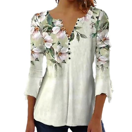 Women's Digital Printing Button T-shirt Flared Sleeves Clothing