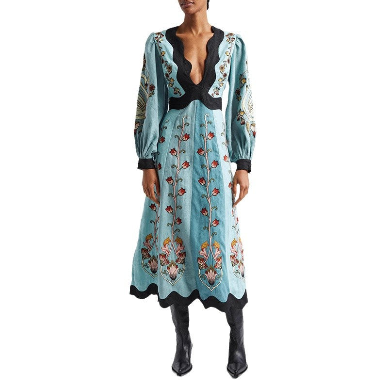 Printed Hollow Backless Dress Long Lantern Dresses