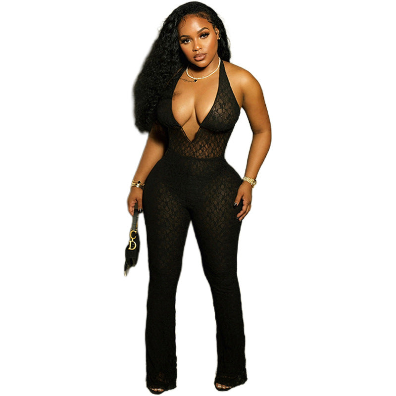 Women's Autumn Sexy Fashion Halter Deep Lace Jumpsuits